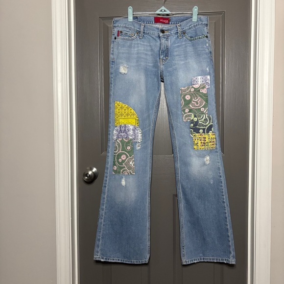Hollister Patchwork Boho Jeans 7 Blue Boot/Flare Bohemian Hippie Denim - Picture 2 of 16